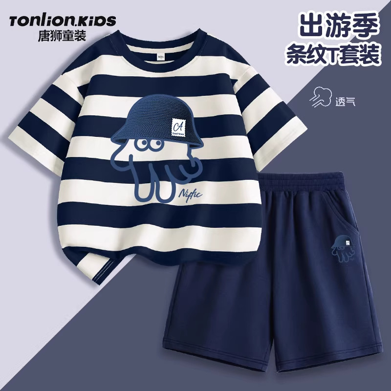 唐狮男孩夏套装2026新款夏季儿童纯棉短袖t恤男童薄款短裤夏装潮