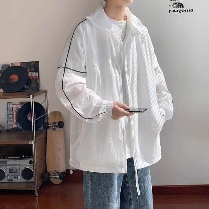 夏季冰丝薄款男防晒衣户外钓鱼骑车宽松连帽皮肤衣防晒服外套