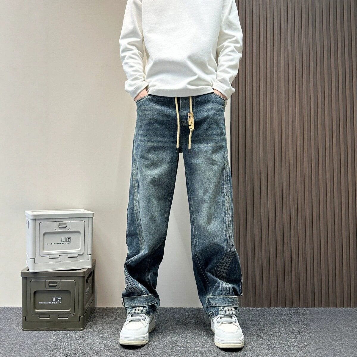 潮牌美式痞帅竖条纹拼接直筒牛仔裤男士高街宽松休闲工装裤新款