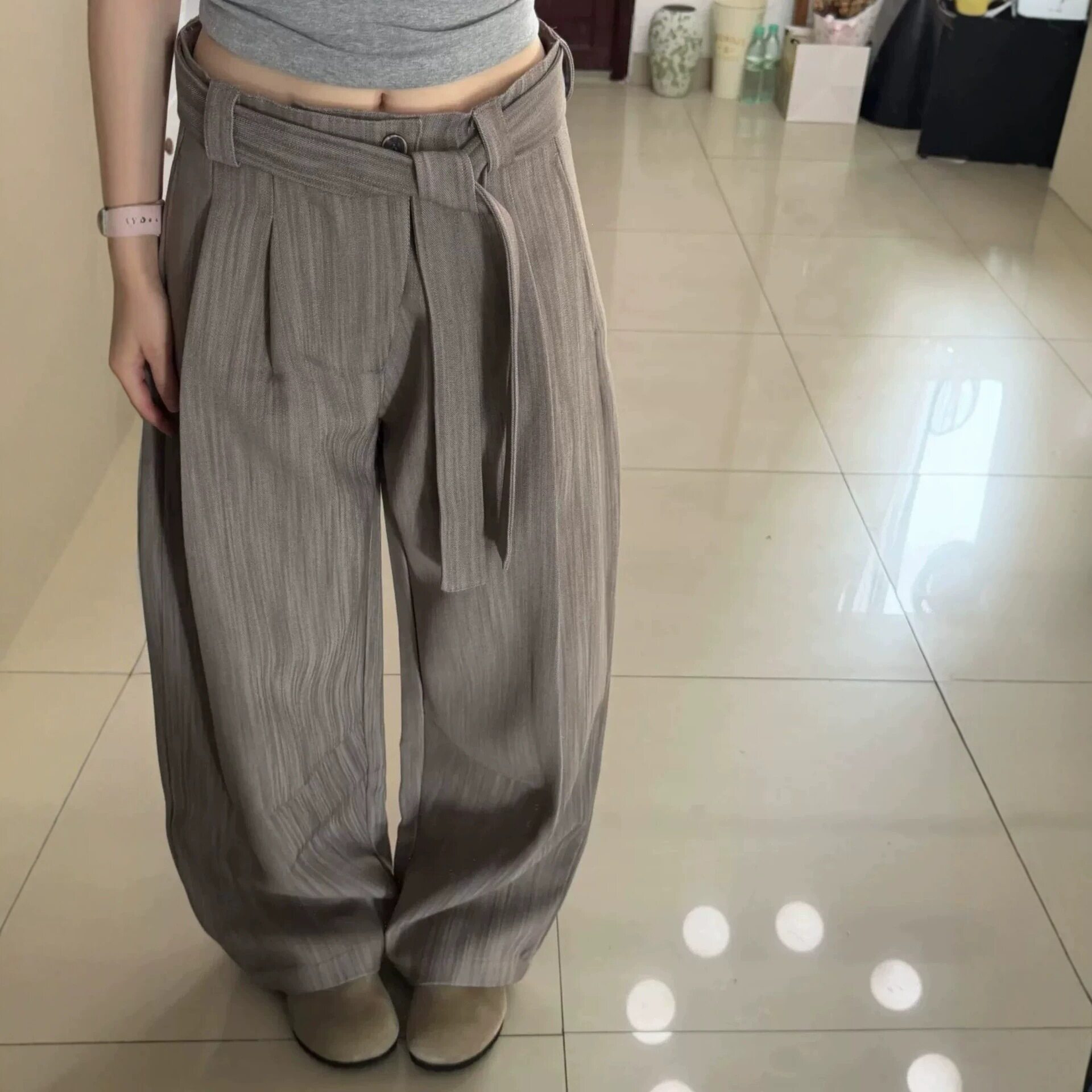 老钱风卡其色条纹飘带西裤西海岸美式裤子高街vibe直筒阔腿弯刀裤