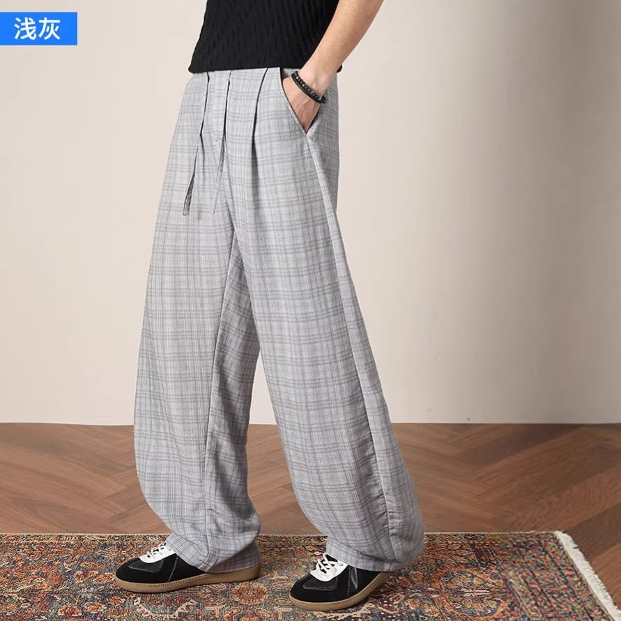 2026春夏季新款欧美日韩格子浅灰色弯刀宽松直筒休闲裤男潮pants