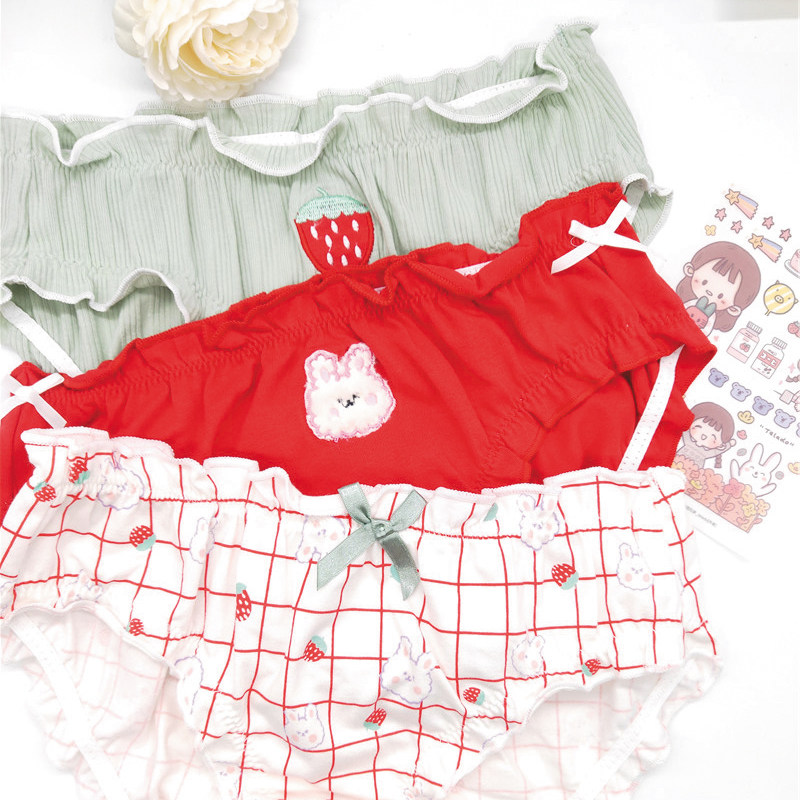 小兔草莓荷叶边螺纹抗菌裆可爱少女日系胖次提臀女士大码三角裤女,女士内衣/男士内衣/家居服,女三角裤,淘宝优惠券,粉丝福利购,淘宝优惠卷