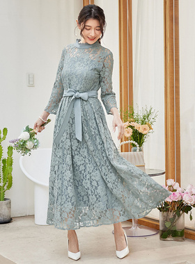 翠盈cuiying韩版新款蕾丝拼接七分袖半高领淑女长款连衣裙88608
