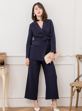 翠盈cuiying女士套装韩版平纹西服上衣阔腿裤腰带两件套88321