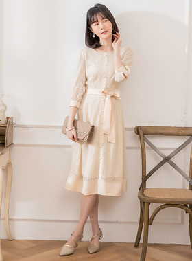 翠盈cuiying蕾丝拼接七分袖高腰优雅长款礼服连衣裙88352