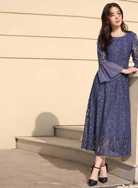 翠盈cuiying女士新款蕾丝拼接雪纺七分喇叭袖优雅长款连衣裙88658