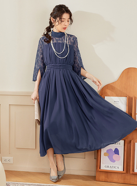 翠盈cuiying日系优雅气质蕾丝拼接中袖圆领雪纺长款连衣裙88588