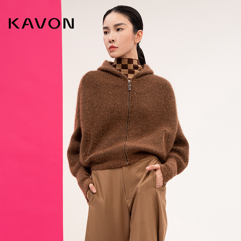 Kavon/卡汶经典蝙蝠造型绵羊毛马海毛混纺多搭利落连帽拉链开毛衫