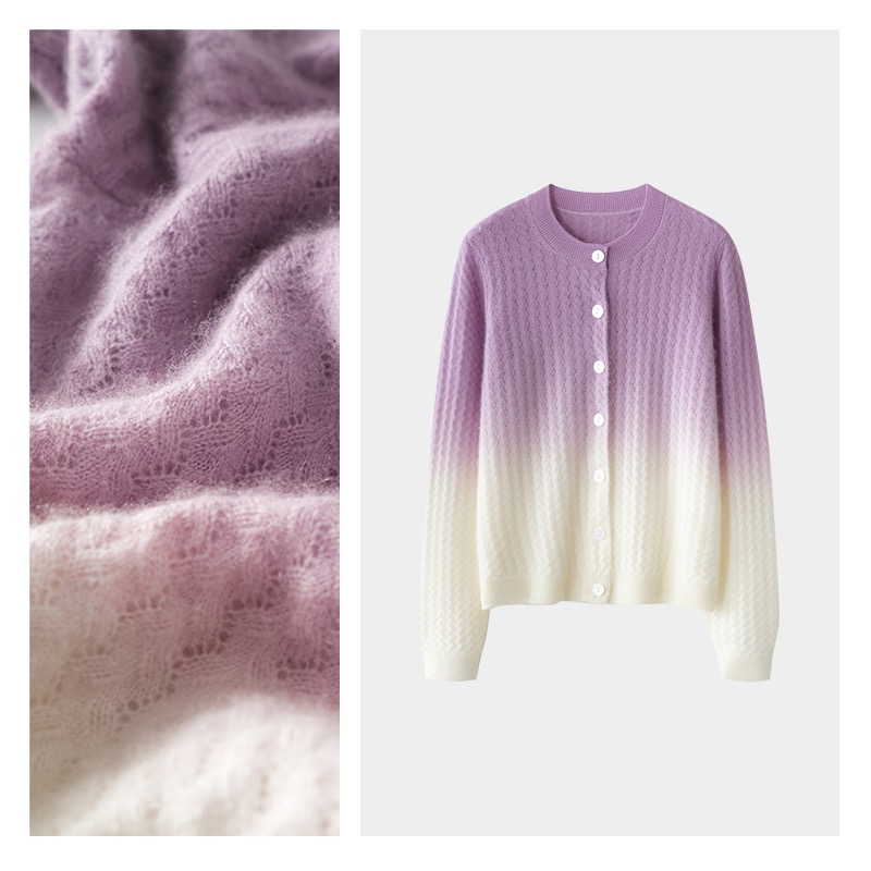 2025冬款法式轻奢渐变色针织开衫女紫色羊绒毛衣温柔休闲风纽扣衫