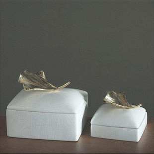 银杏叶盒 创意中式 饰品样板房装 家居软装 饰盒 陶瓷配铜白色首饰盒