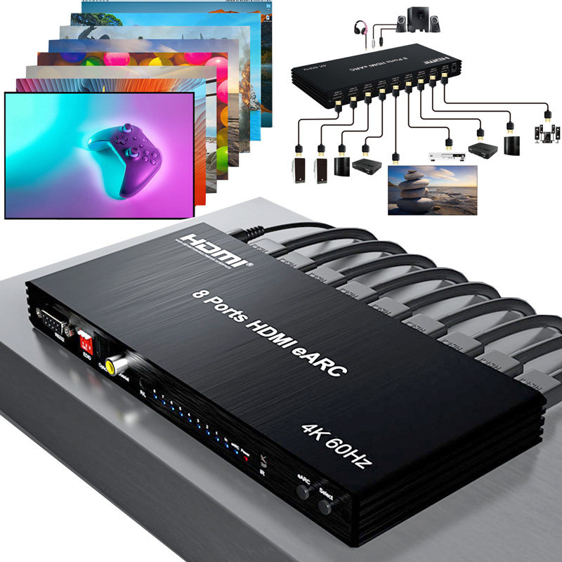 8口HDMI eARC音频分离器一进八出分配器HDMI八进一出切换器4K60HZ