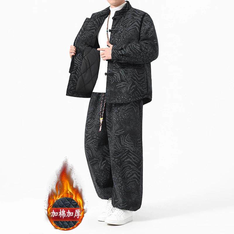 稀禧服饰冬季中国风男士唐d装加厚灯芯绒棉衣套装大码保暖棉袄外