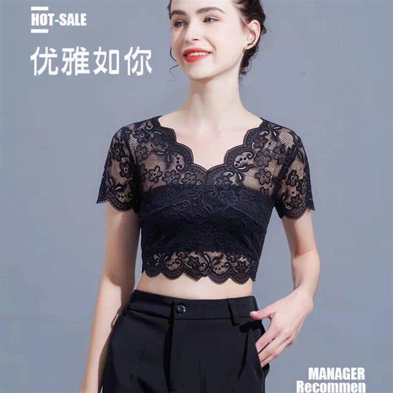 1培韵风尚镂空蕾丝短袖打底衫女裙内搭防走光透明薄纱半截上衣