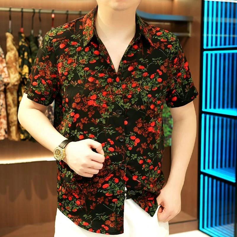 擎凌轻奢5俊夏季碎花冰丝高级感男装短袖薄衬衣透气垂感宽松衬衫