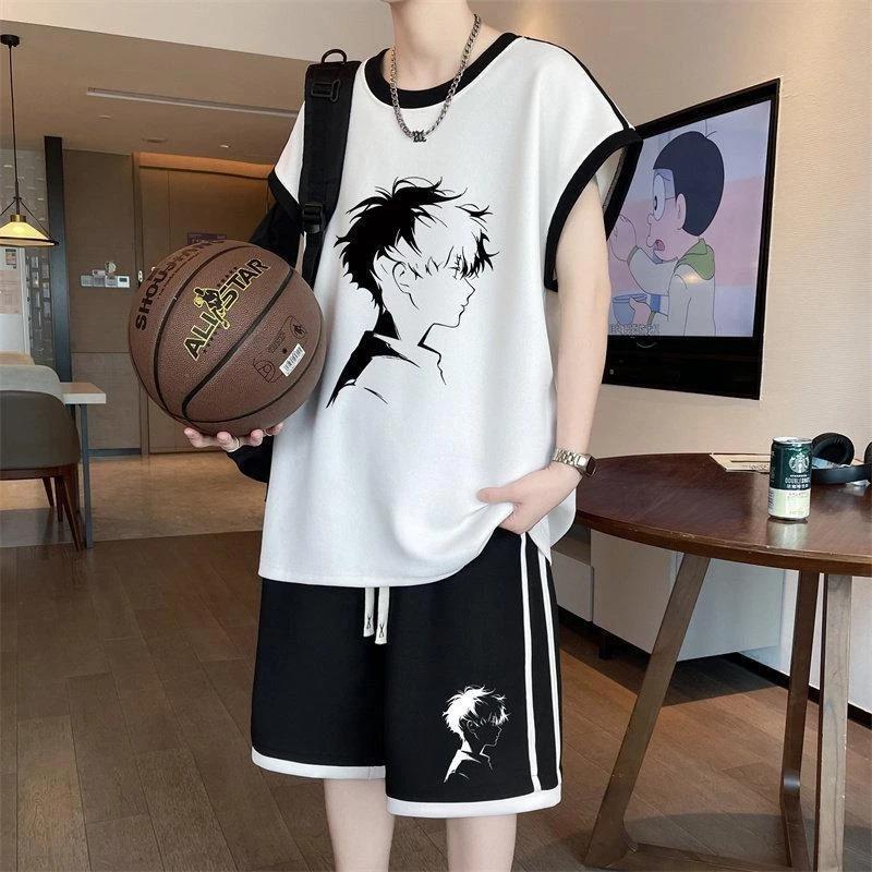 几禾轻奢无袖T恤男孩高中初中生冰丝背心短裤青少年夏装运动套装
