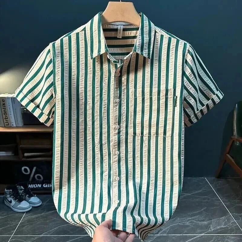 九黎世集服饰男士短袖衬衫夏条纹日系休闲上衣服潮流拼接衬衣薄款