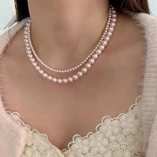 曼塔玫瑰色仿施家玻璃珍珠项链女百搭正圆强光可调节锁骨链
