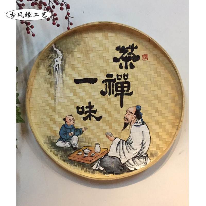 手绘簸箕画竹编挂件墙壁画火锅店农家乐民宿酒店装饰彩绘田园包邮