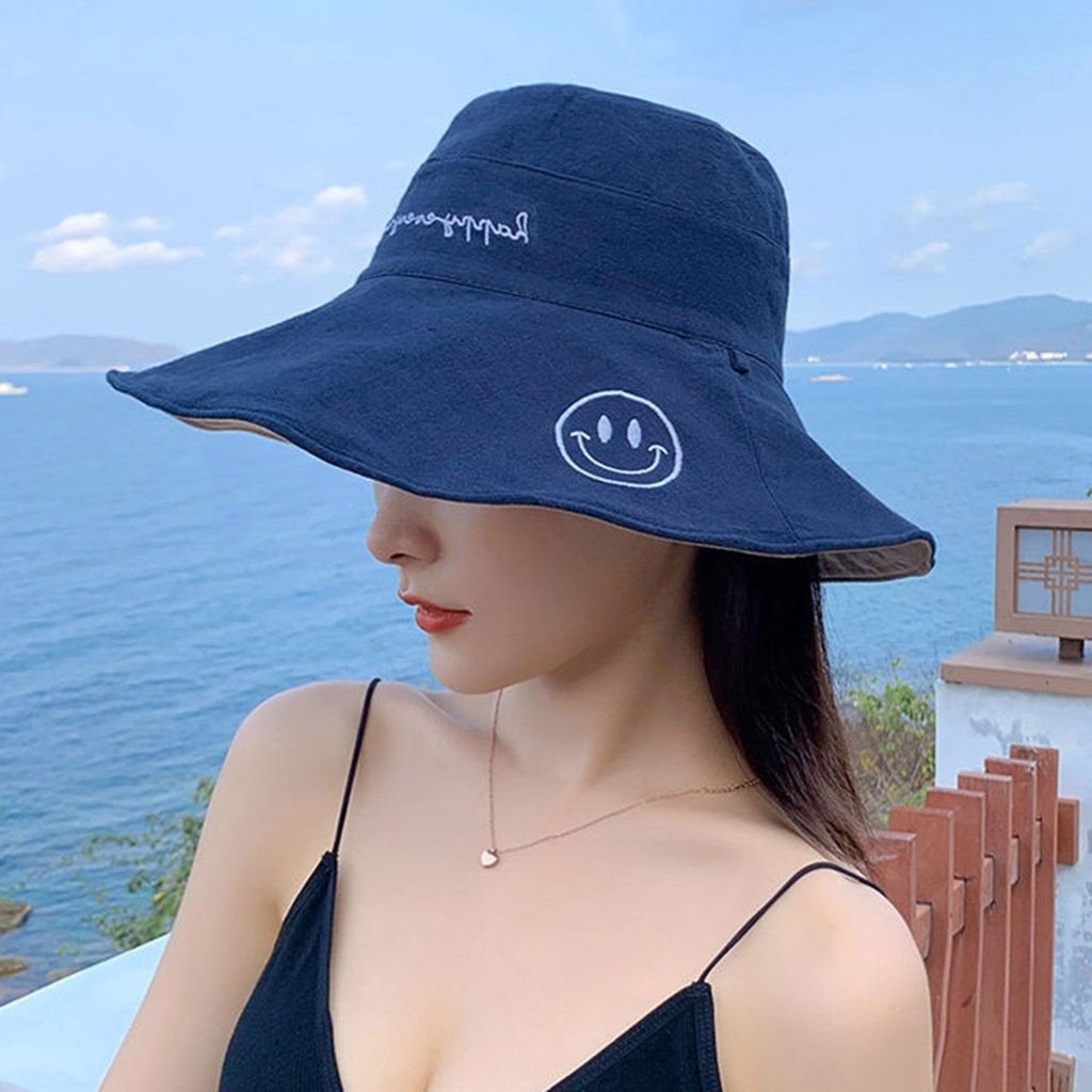 夏季遮脸双面笑脸渔夫帽女韩版潮百搭时尚遮阳大沿太阳防晒帽子