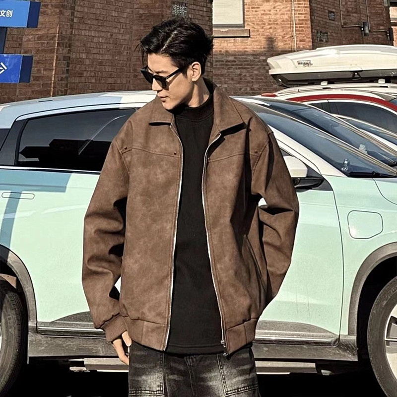 棒球服皮衣外套男美式痞帅2025春秋潮牌感宽松麂皮绒夹克翻领