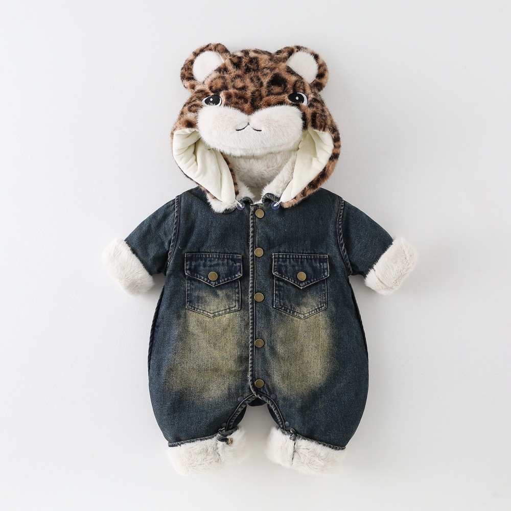婴儿冬季加厚加棉保暖牛仔棉袄外套男女宝宝卡通连体衣外出衣服潮