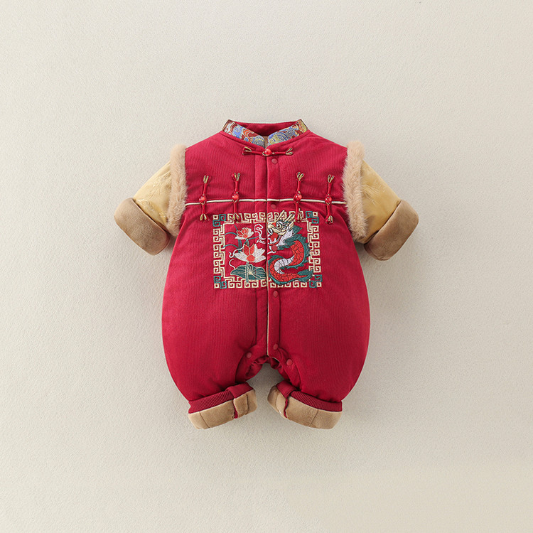 中式风婴儿连体衣男宝宝加绒夹棉喜庆满月哈衣百天新年服周岁外出
