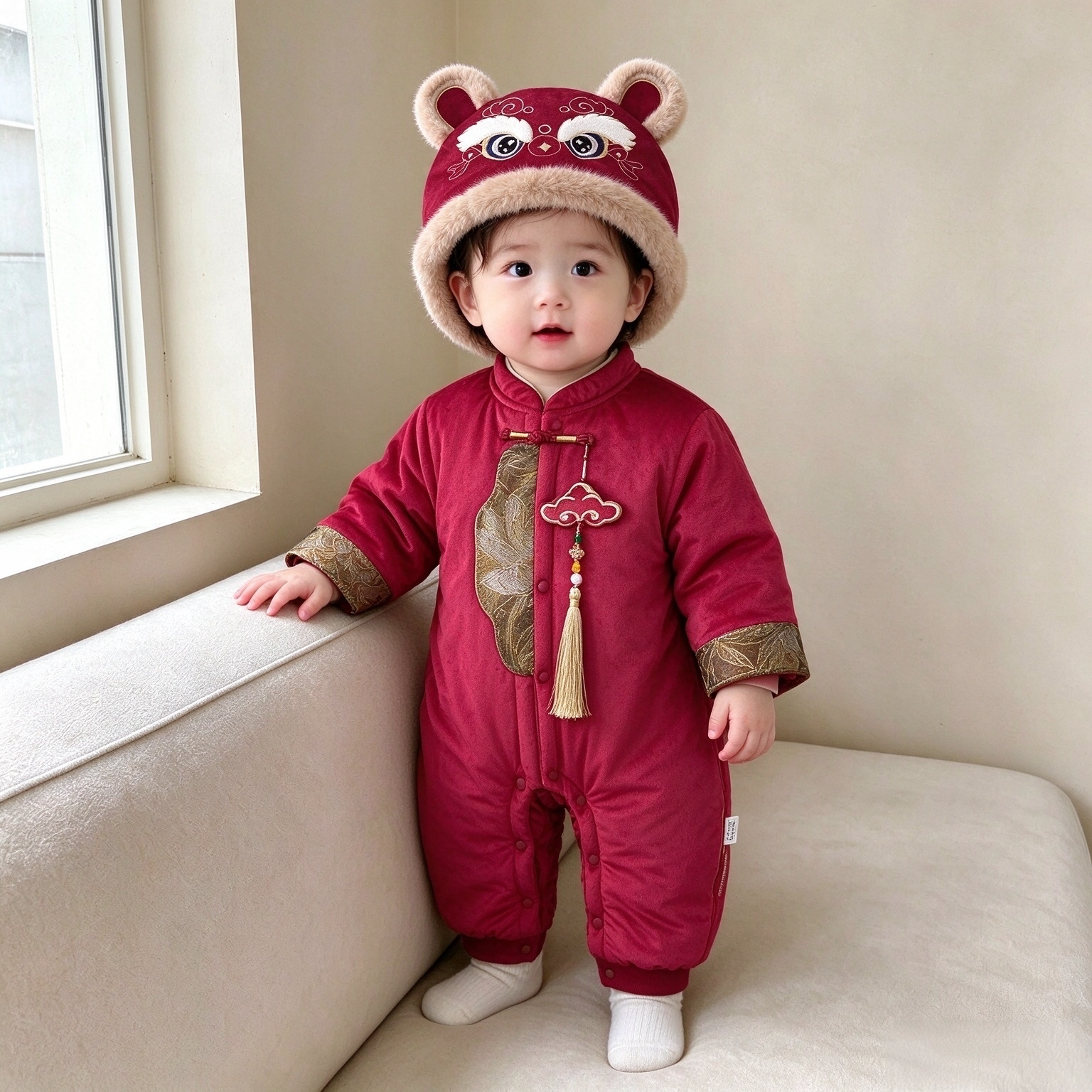 中国风满月连体衣婴儿秋冬国风百天哈衣宝宝周岁礼服新年装爬服冬