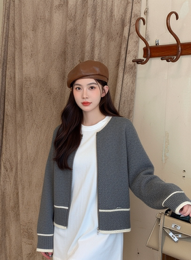 失序混搭风灰色纽扣开衫女洋气卷边装饰针织外套