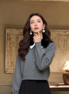 老钱风灰色撞色翻领针织开衫女秋季通勤气质韩式学院风外套