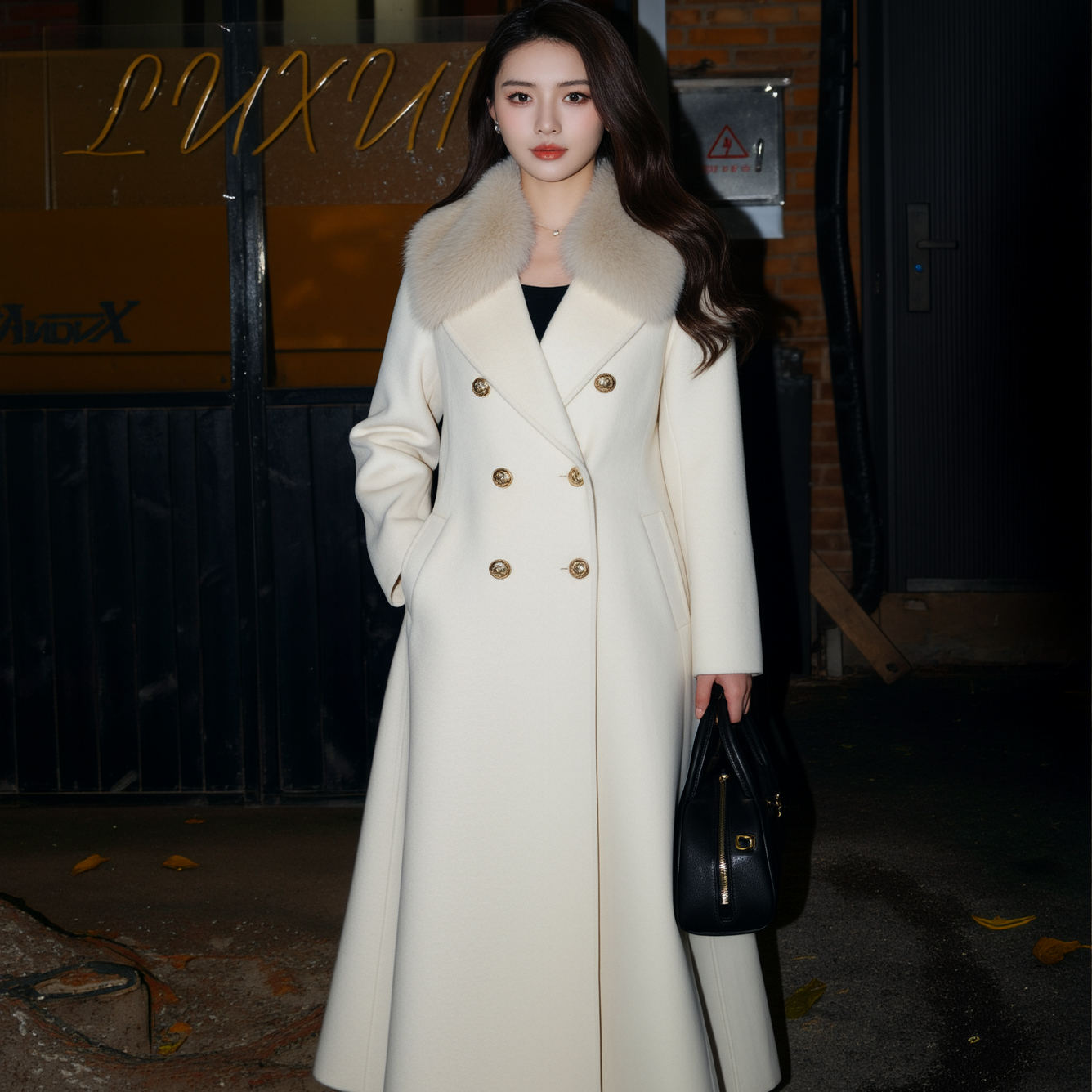 千金风毛领双排扣长款呢子大衣女