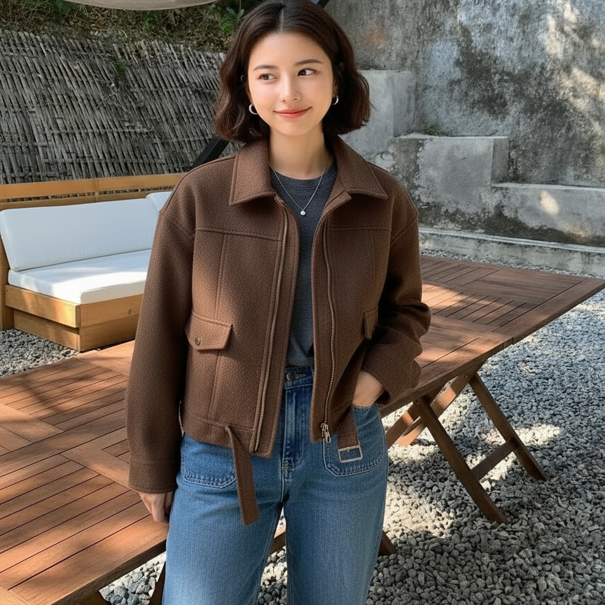 复古通勤风咖啡色短款外套