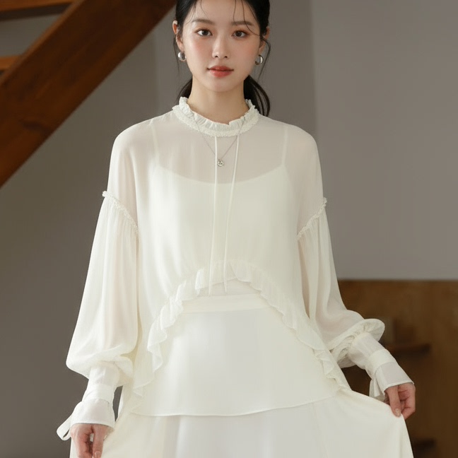 真丝通勤风长袖堆堆领新款常规