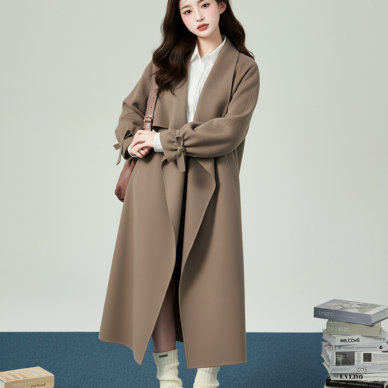 极简无领中长款系带收腰女大衣