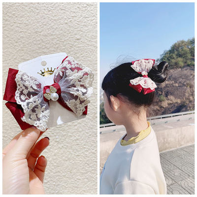 韩国织带女童后脑勺大蝴蝶结压夹蕾丝花边公主粉边夹新年红头饰品