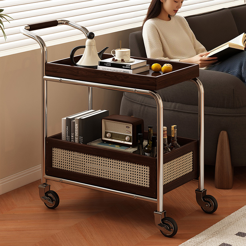 沙发边几可移动茶几中古客厅家用边柜实木小推车多功能收纳置物架