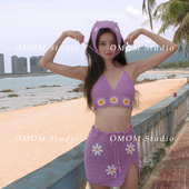 omom2026春夏新款 针织四件套带帽性感比基尼泳衣小胸海边泳装 2401