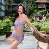 omom2026新款 紫色清新性感比基尼钢托小胸聚拢温泉海边度假泳衣