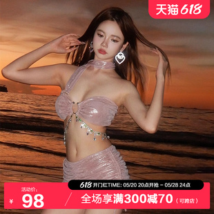 3095 2024春夏粉色比基尼泳衣女性感三件套BIKINI泡温泉度假游泳装