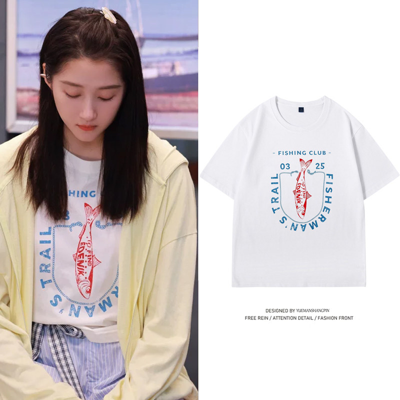 耀眼关晓彤晴也同款美式钓鱼印花短袖T恤复古宽松女纯棉上衣服夏