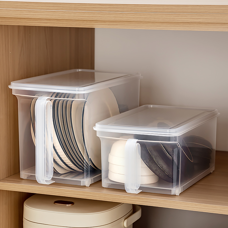 抽拉式深柜碗碟收纳盒带盖装碗筷收纳箱家用厨房塑料碗柜碗箱碗架