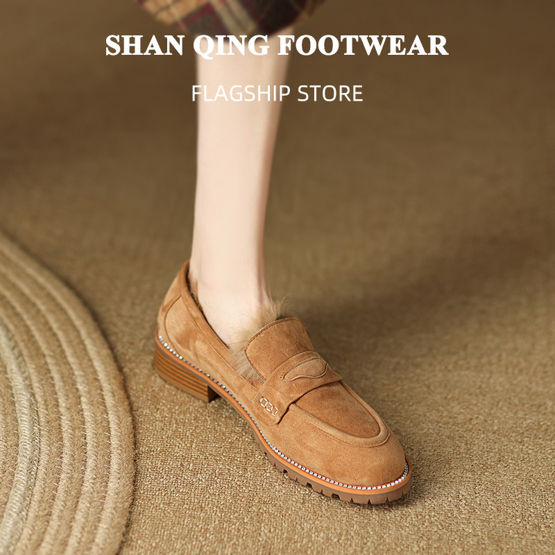 RECOMMENDED BY THE EXPERTS  TREASURE MODEL RABBIT FUR INSIDE FRENCH RETRO STYLE LOAFERS HEEL VERSATILE SMALL LEATHER SHOES WOMEN