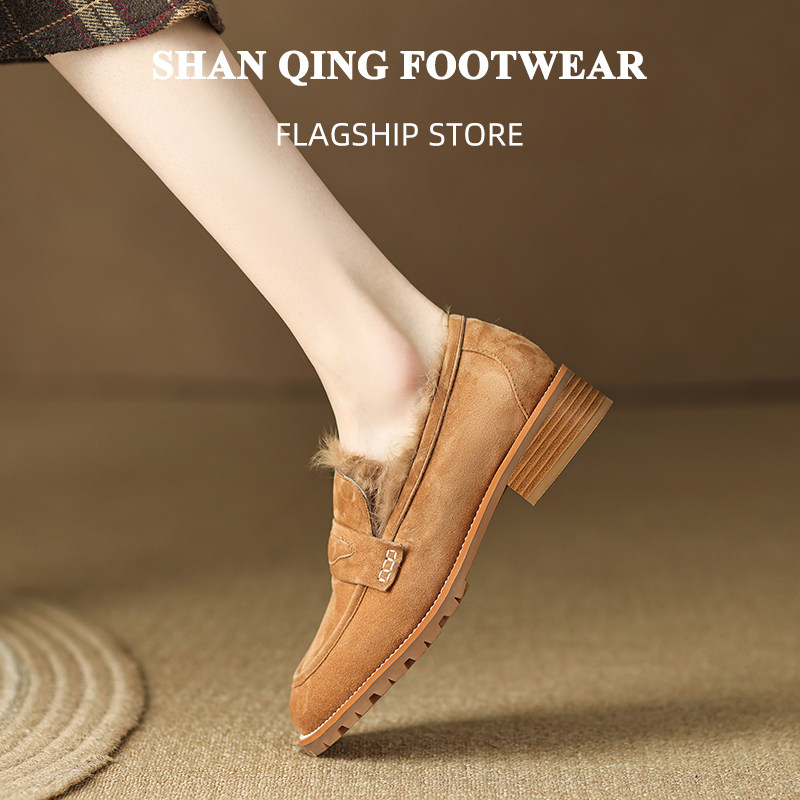 RECOMMENDED BY THE EXPERTS  TREASURE MODEL RABBIT FUR INSIDE FRENCH RETRO STYLE LOAFERS HEEL VERSATILE SMALL LEATHER SHOES WOMEN