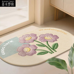 仿亚麻浴室吸水地垫清新花朵卫生间防滑踩脚垫厕所洗手台速干地毯