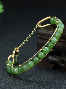 天然和田玉菠菜绿仿14k金手工缠绕圆珠女款轻奢手镯碧玉手链