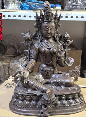 1尺绿度母尼泊尔纯铜古色佛像