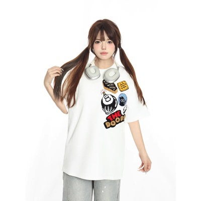 小杭还没吃饱原创美式重磅徽章刺绣纯棉百搭T恤夏季男女情侣短袖