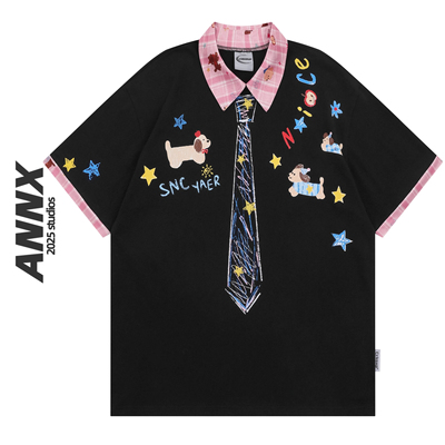 ANNX2025美式复古趣味卡通小狗涂鸦polo领短袖t恤女宽松学院风ins