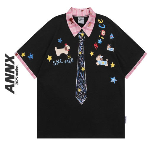 ANNX2025美式复古趣味卡通小狗涂鸦polo领短袖t恤女宽松学院风ins