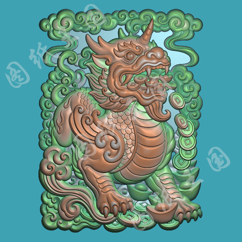 J0241瑞兽麒麟随形无事牌jdp精雕图bmp灰度图玉雕木雕牙雕浮雕图j