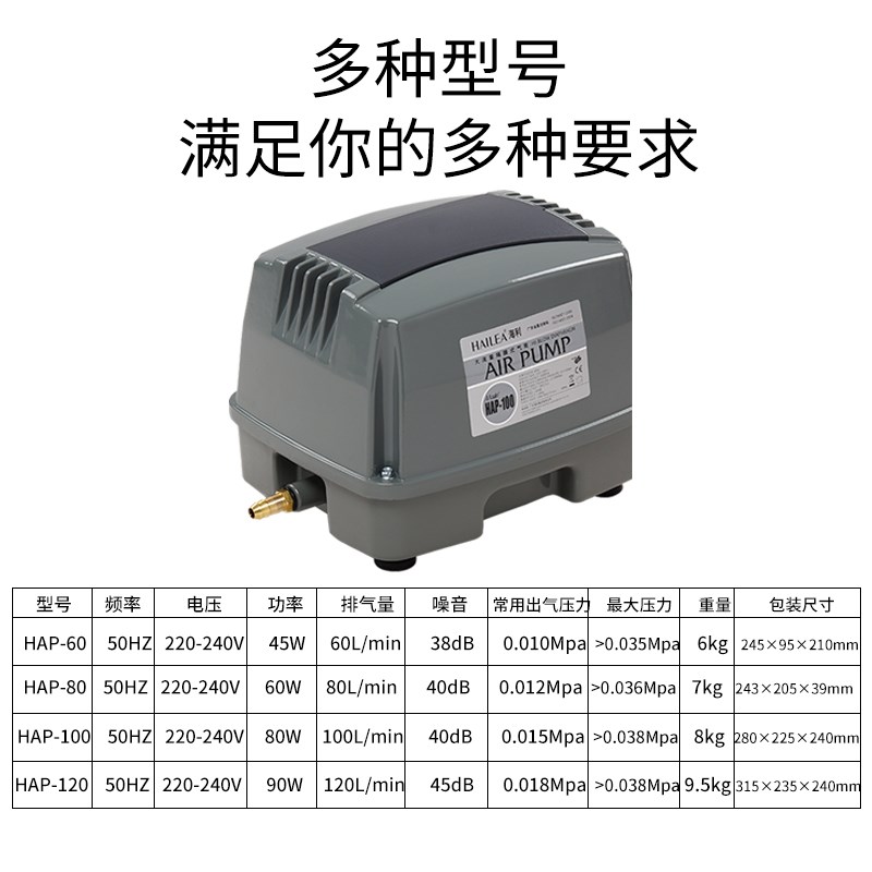 流量HAP60HAP100HAP120海利泵增氧泵大氧气鱼池静音鱼缸隔膜